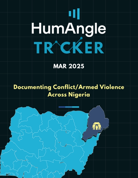 Map of Nigeria highlighting conflict/armed violence in the northeast, with "HumAngle Tracker" and "March 2025" text above.